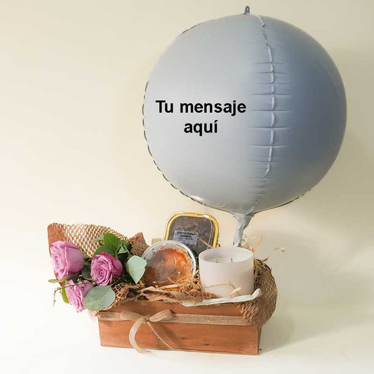 Regalo de flores, vela, postres y globo personalizado