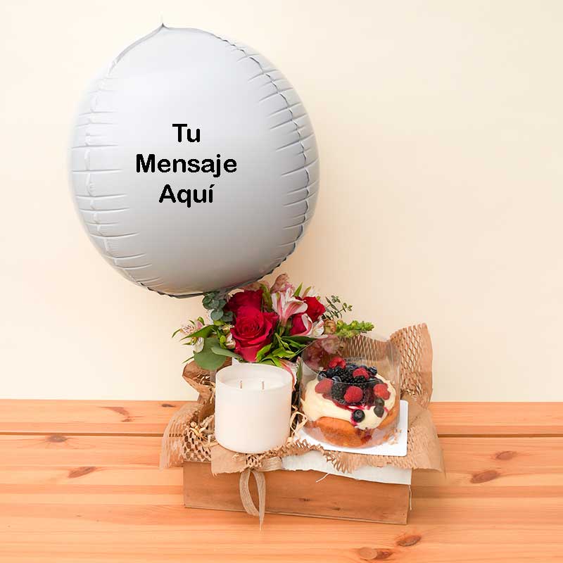 regalo para cumpleaños con globo, pastel, flores y vela para envía a domicilio